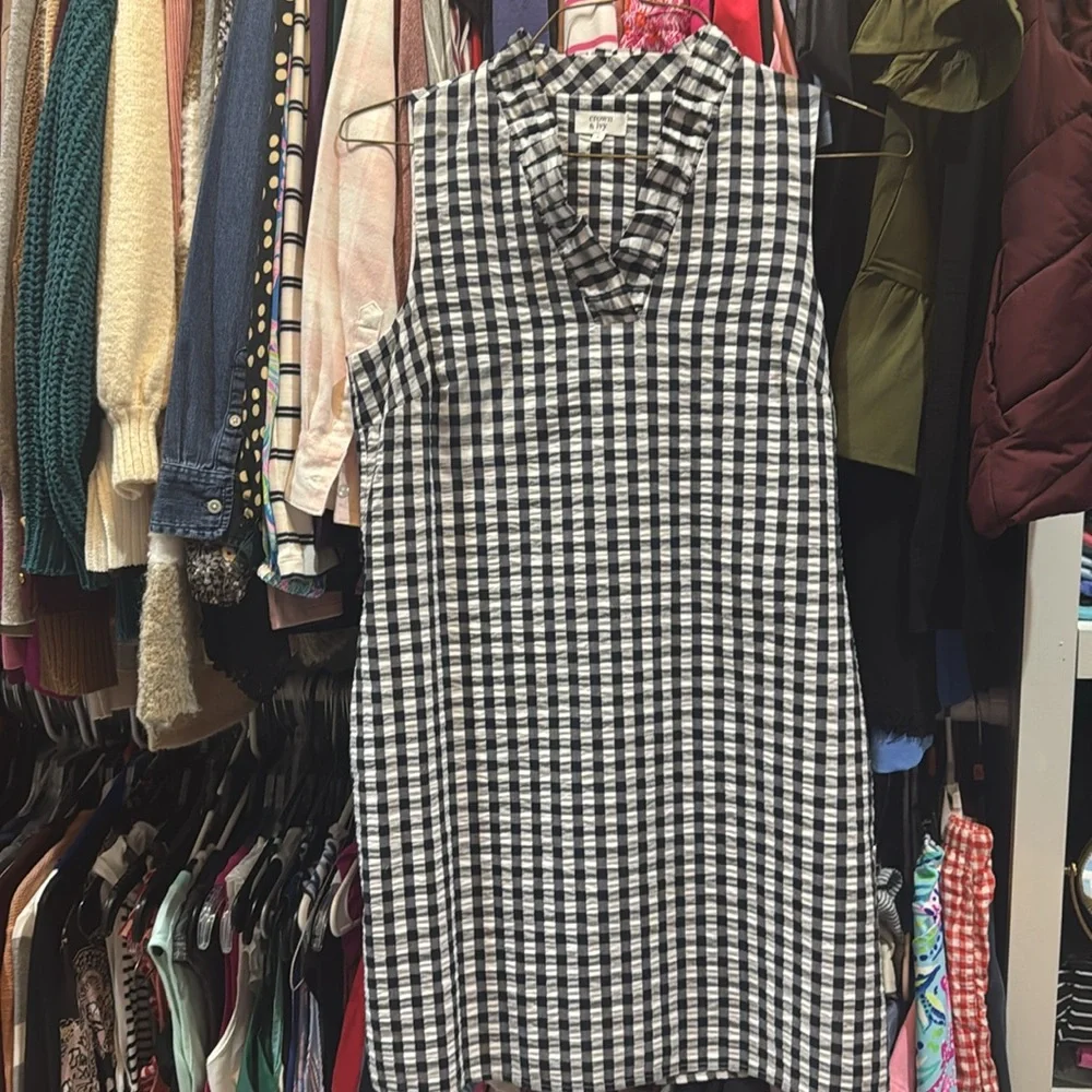 Crown & Ivy Navy Gingham Sleeveless Ruffle Collar Dress Size 2 - Picture 4 of 7